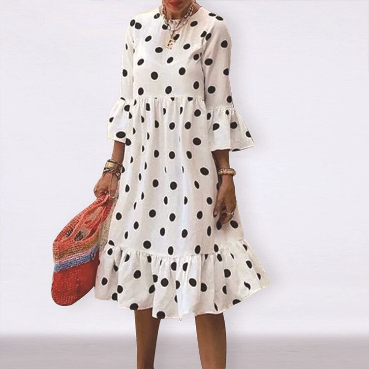 Women Polka Dot Print Pleating Casual Dress