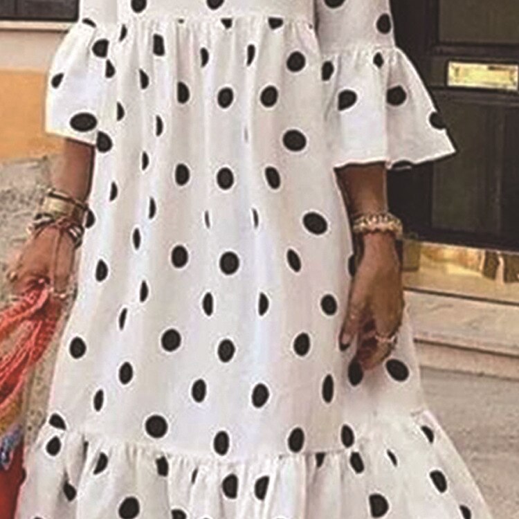 Women Polka Dot Print Pleating Casual Dress