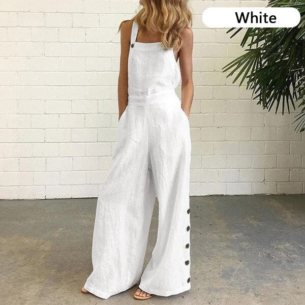 Woman Cotton Solid Color Sleeveless Vintage Casual Wide-Leg Jumpsuit With Side Pockets